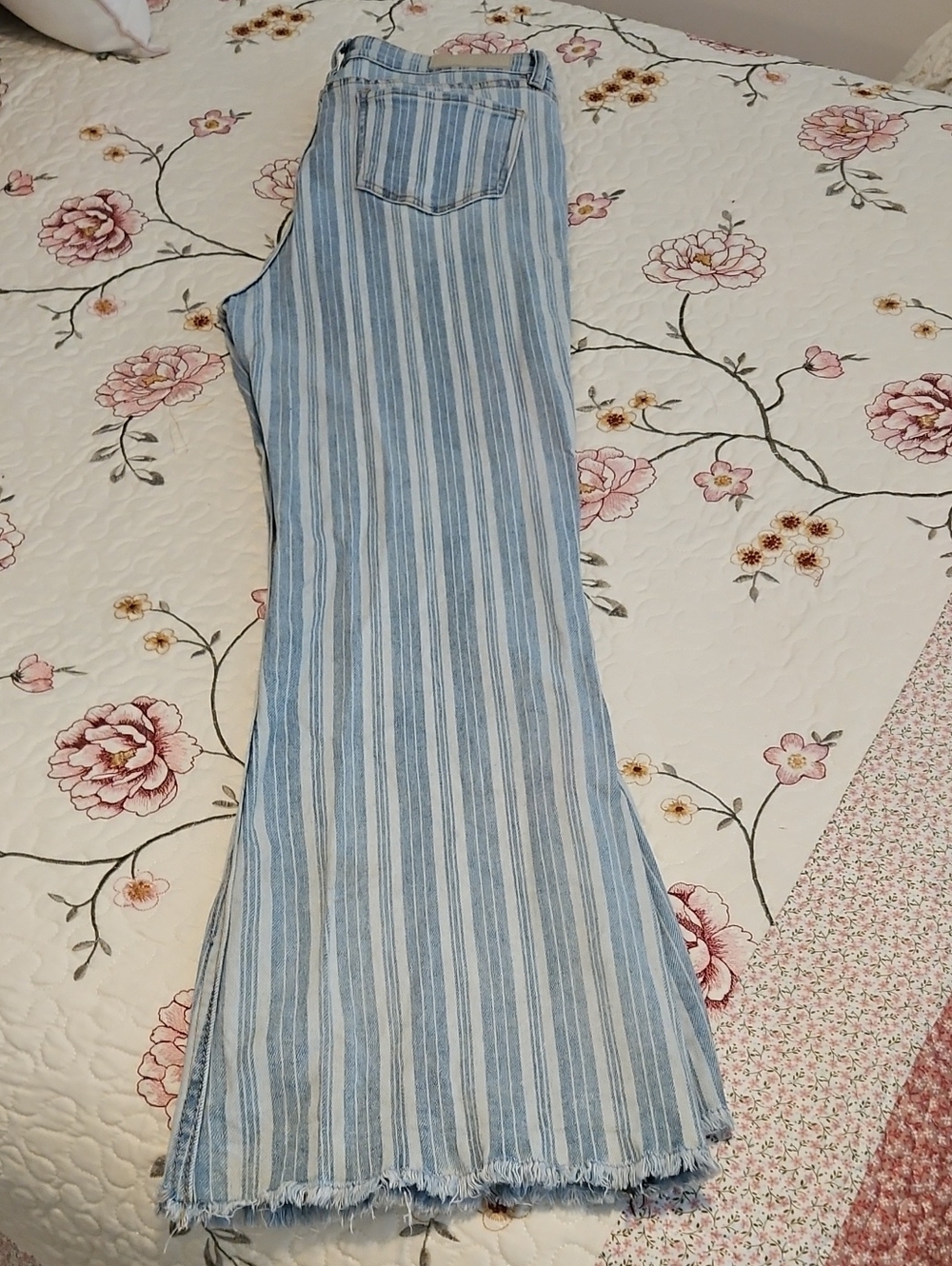 Striped Blue and White Maxi Dress with Frayed Hem
